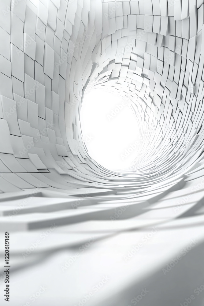 Poster futuristic white tunnel with abstract geometric pattern and light center