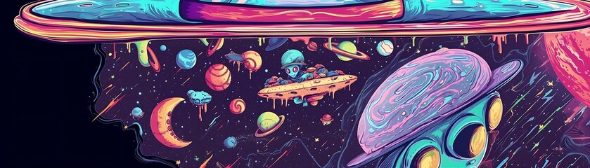 Cosmic Alien Piloting Saucer Through Space Amidst Planets and Stars in Colorful Galaxy
