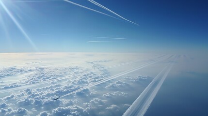 A view of contrails from airplanes in a blue sky with fluffy white clouds.