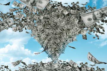 Money wallpaper background with US dollar bills tornado, whirlwind of dollars hurricane. Flying,...