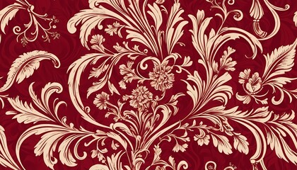 A seamless floral pattern with elegant deep red damask fabric background, regal and opulent design, embossed and textured