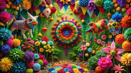 Colorful floral patterns with geometric shapes and pi?atas, surrounded by lush greenery and bright flowers, creating a vibrant and festive atmosphere , Vibrant Colors, Patterns