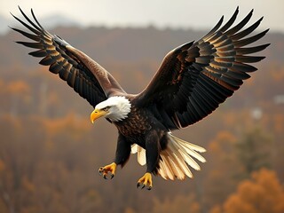 Obraz premium Dramatic bald eagle takes flight against an overcast sky, its wings spread wide and eyes focused amidst a blurred landscape of trees and mountains.