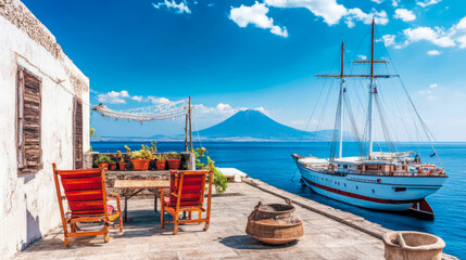 Fototapeta premium Mediterranean Coastal Scene: Volcano View, Sailboat, and Rustic Patio
