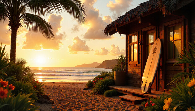 Rustic surfboard resting against a tropical shack at sunrise, serene vacation