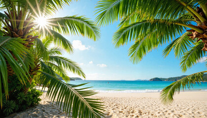 Obraz premium Sunlight filtering through palm fronds at sunny beach, tropical paradise
