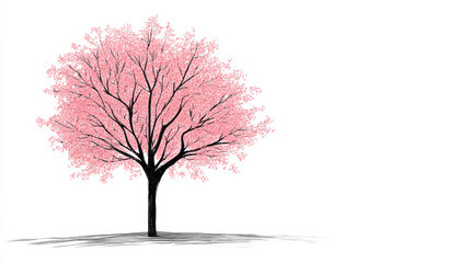Obraz premium A minimalistic ink drawing of a single cherry blossom tree, bold black outlines with delicate pink highlights, stark contrast between the tree and a blank white background