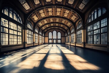 A spacious, elegantly designed interior with high ceilings and large arched windows. The sunlight casts intricate shadows on the polished floor, highlighting the architectural details.