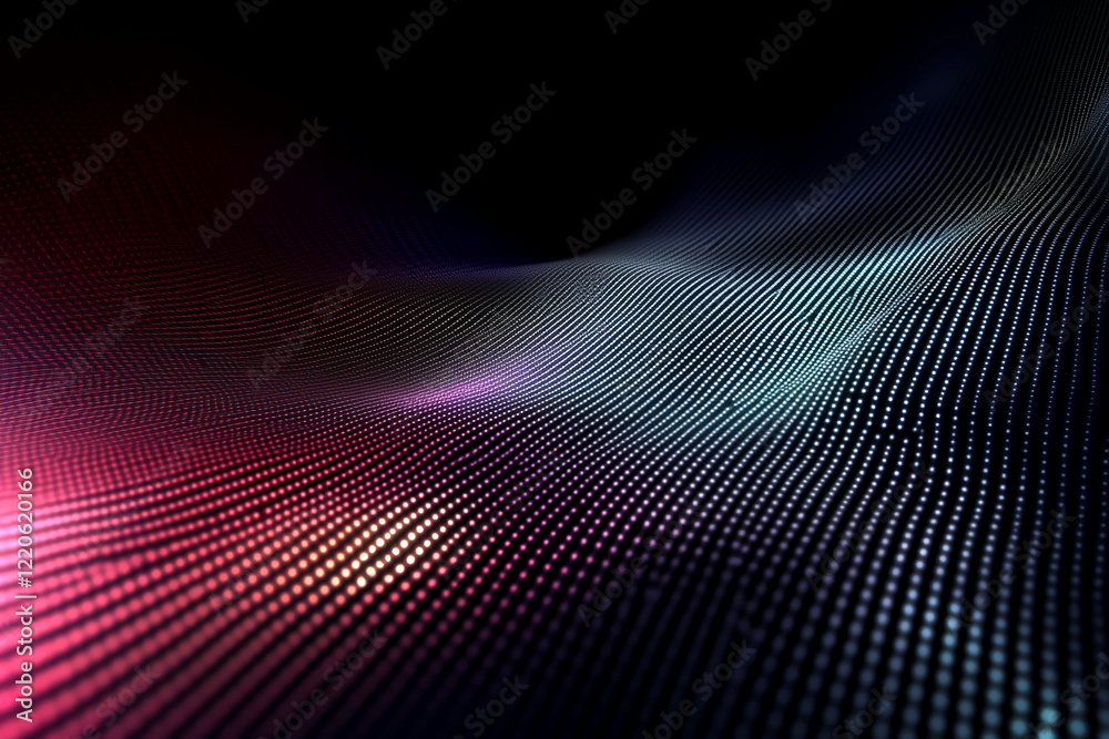 Poster Abstract Wavy Surface with Dotted Neon Pattern and Gradient Colors in a Futuristic Design. Business background