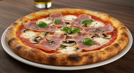 Capricciosa pizza made of ham and mushrooms. Traditional Italian pizza food photography