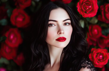 Fototapeta premium A beautiful young woman with long dark hair and red lipstick poses in front of a background of red roses