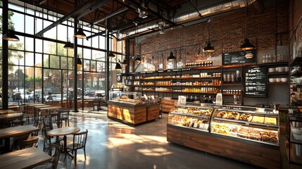 Naklejka premium Modern Bakery Cafe With Abundant Pastries And Goods