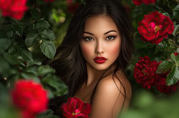 Naklejka premium A beautiful woman with long dark hair and red lipstick posing in front of roses.