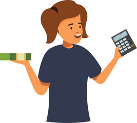 Smiling young woman managing personal finances, holding calculator and money stack, making calculations and evaluating budget