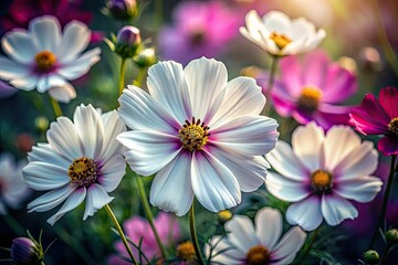 Fototapeta premium Black and white macro showcases a cosmos flower, its miniature tilt-shift effect creating a fantastical, close-up view.