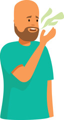 Bald man with beard is covering his nose from bad breath smell, feeling disgust