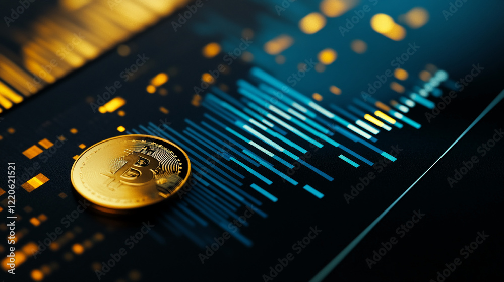 Poster golden bitcoin coin with digital financial graphs and futuristic background. business background
