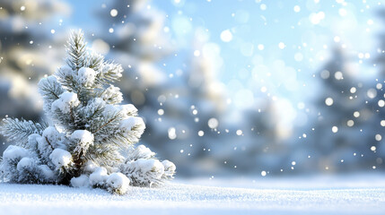 serene winter scene featuring snow covered pine tree surrounded by falling snowflakes, evoking peaceful and enchanting atmosphere