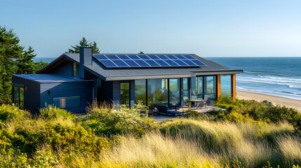 Obraz premium An energy-efficient beach house with solar panels, reflecting the sun’s rays in a serene oceanfront setting.