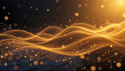 Golden binary code data flow  flows over a reflective surface in a digital scene