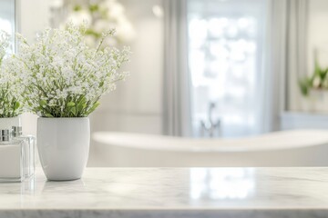 Fototapeta premium Blurred bathroom interior with a marble countertop and a blurred bathtub in the background. This image can serve as a background for product display or a montage of your products. 