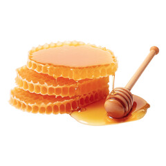 Fresh honeycomb with honey dripping, honey stick isolated on transparent background.