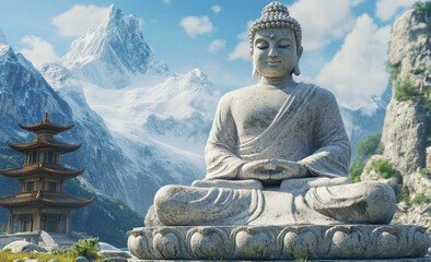 Fototapeta premium A large Buddha statue with green grass on its back, standing in front of the snowy mountains and blue sky