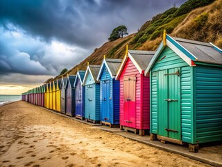 Naklejka premium Bournemouth Beach Huts Winter Scene - Coastal UK Photography
