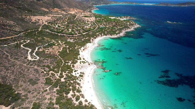 Sardegna (Sardinia) Italy. Best scenic beaches of Villasimius. Porto sa Ruxi with three  white sandy beaches and turquoise sea, Aerial drone 4k hd video
