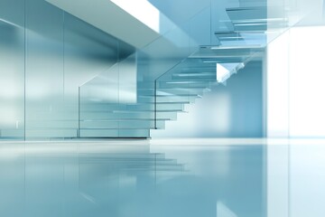 Fototapeta premium Blurred modern glass building interior with stairs and stair railings for background or backdrop use. Abstract blurry office corridor, panoramic view. Minimalist style of blurred scene.