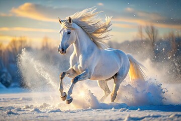 Obraz premium Majestic White Horse Galloping Through Snowy Winter Landscape - Blurred Motion