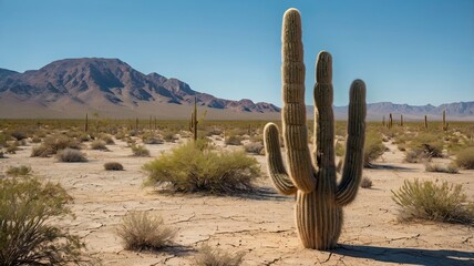 A solitary cactus standing tall in a vast desert landscape under a clear blue sky. The sand and rugged terrain emphasize resilience and the stark beauty of arid ecosystems