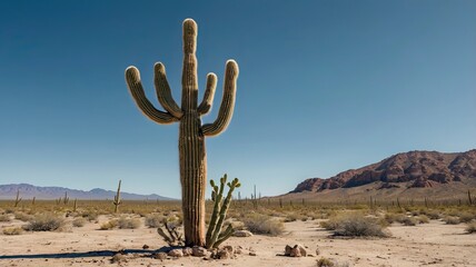 A solitary cactus standing tall in a vast desert landscape under a clear blue sky. The sand and rugged terrain emphasize resilience and the stark beauty of arid ecosystems