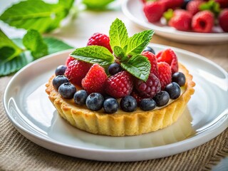 Minimalist Fruit Tart: Fresh Berries & Mint Dessert Photography