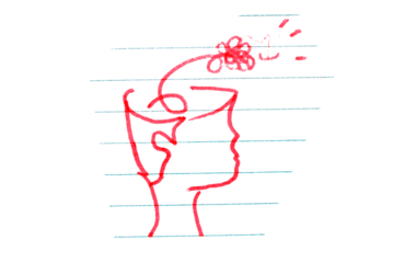 Red pencil drawing with ideas about mental health and psychotherapy.