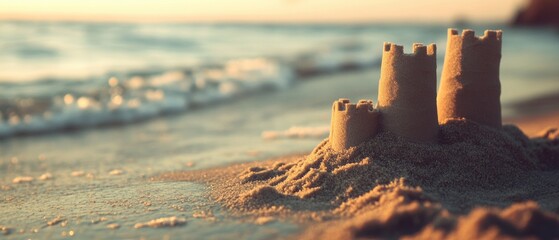 Naklejka premium A majestic sandcastle stands resilient against incoming waves, bathed in the warm glow of a setting sun on a tranquil beach.