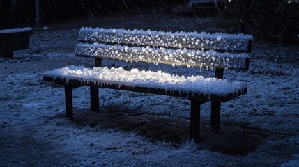 Hail covering an urban park bench, tiny ice pellets glistening in faint light