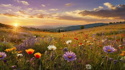 A sprawling meadow filled with colorful wildflowers like daisies, poppies, and lavender, under a golden sunset sky. Butterflies and bees are visible, evoking feelings of tranquility and biodiversity