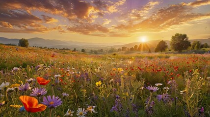 A sprawling meadow filled with colorful wildflowers like daisies, poppies, and lavender, under a golden sunset sky. Butterflies and bees are visible, evoking feelings of tranquility and biodiversity