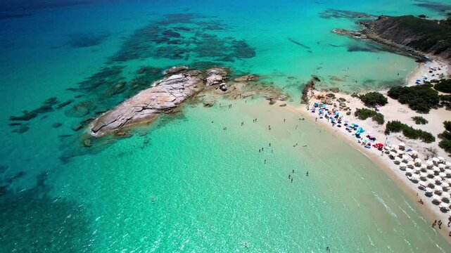 Italy. Sardegna (Sardinia) island best scenic beaches . Costa Rei , famous for white sandy beaches and turquoise crystal sea. aerial view of Scoglio di Peppino beach (Punta di Santa Giusta)