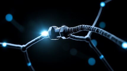 Connecting cables in dark with lights, tech background