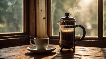 A steaming cup of freshly brewed coffee placed on a wooden table near a cozy window with soft morning light streaming in. Coffee beans and a vintage French press are scattered around