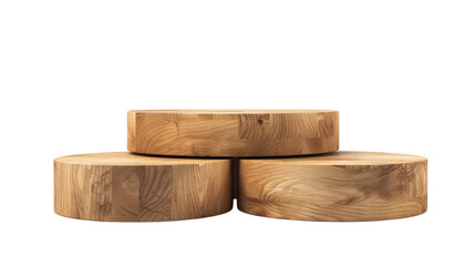 Set of flat wooden podiums for product display, isolated on white background