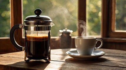 A steaming cup of freshly brewed coffee placed on a wooden table near a cozy window with soft morning light streaming in. Coffee beans and a vintage French press are scattered around