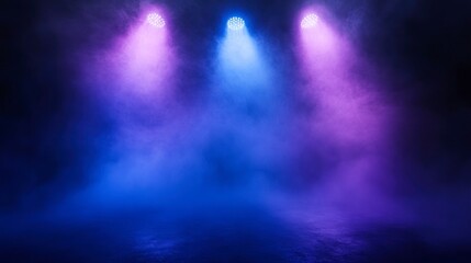 Fototapeta premium dark background with three blue and purple spotlights shining down, foggy.
