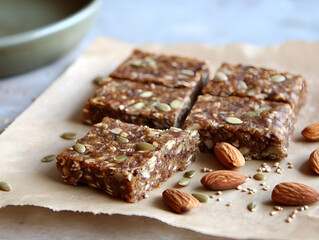 A collection of protein bars packed with visible nuts, grains, seeds, placed on natural-toned parchment paper. Handcrafted. Scattered sunflower seeds, almonds, and oats. Rustic aesthetic