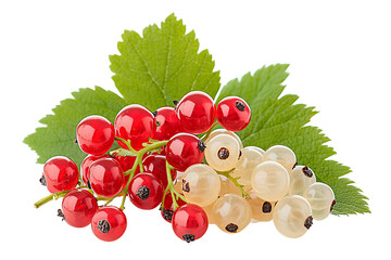 Red and white currants with leaves isolated on transparent background