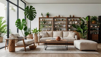 A stylish, minimalist living room featuring a collection of potted indoor plants, such as monstera, fiddle-leaf fig, and snake plants, arranged on wooden shelves and in ceramic pots. 