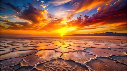 Obraz premium Ethiopian Danakil's Asale Lake: fiery sunset paints the salt flats, a breathtaking spectacle.