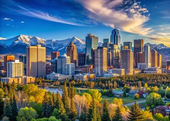 Obraz premium Calgary Sunny Day: Canadian Rockies Skyline & Cityscape Panorama